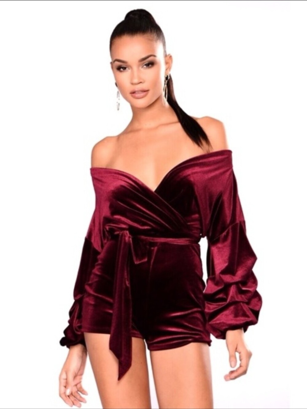Fashion Nova Off-Shoulder Velvet Romper in Deep Burgundy Size XL